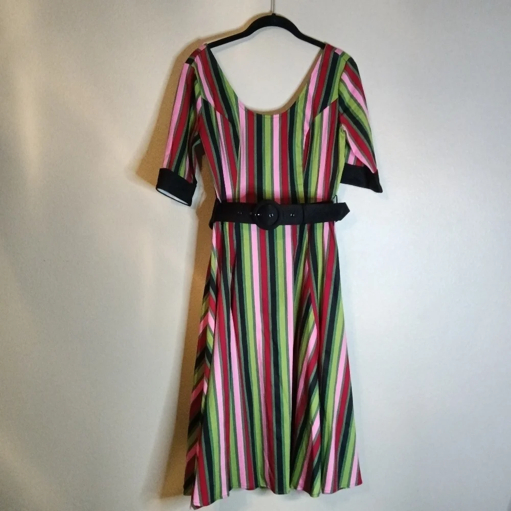 Collectif June Mountain Stripe Swing Dress Belted Small - Picture 2 of 11